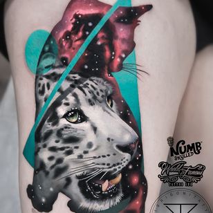 Tattoo by Chris Rigoni #ChrisRigoni #realism #realistic #hyperrealism #black gray #color #abstract #shapes #mashup #sneopard #cat #junglecat #animals #nature #dotwork #stars #galaxy #solar system #stars
