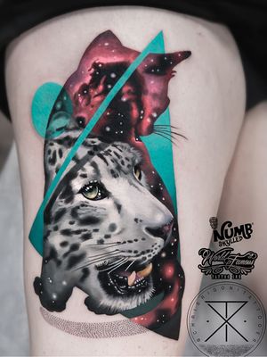 Tattoo by Chris Rigoni #ChrisRigoni #realism #realistic #hyperrealism #blackandgrey #color #abstract #shapes #mashup #snowleopard #cat #junglecat #animal #nature #dotwork #stars #galaxy #solarsystem #stars