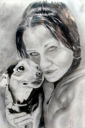 Drawing by Red,my beautiful love, Cynthia and shoes,her mom's dog.