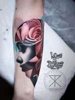 Tattoo by Chris Rigoni #ChrisRigoni #realism #realistic #hyperrealism #blackandgrey #color #abstract #shapes #mashup #portrait #lady #ladyhead #rose #flower #floral