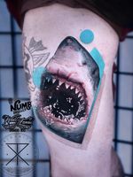 Tattoo by Chris Rigoni #ChrisRigoni #realism #realistic #hyperrealism #blackandgrey #color #abstract #shapes #mashup #Jaws #shark #greatwhiteshark #animal #nature #oceanlife