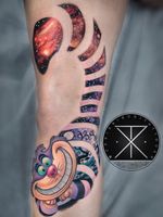 Tattoo by Chris Rigoni #ChrisRigoni #realism #realistic #hyperrealism #blackandgrey #color #abstract #shapes #mashup #aliceinwonderland #cheshirecat #cat #kitty #mushrooms #surreal #solarsystem #fantasy #stars