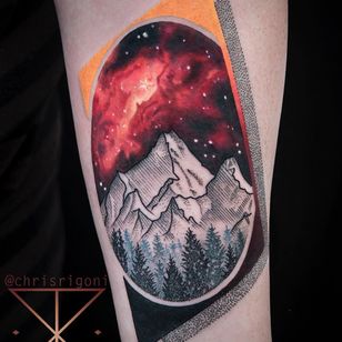 Tattoo by Chris Rigoni #ChrisRigoni #realism #realistic #hyperrealism #black gray #color #abstract #shapes #mashup #scape #montañas #bosque #illustrative #dotwork #galaxy #solar system #stars #naturaleza