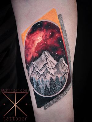 Tattoo by Chris Rigoni #ChrisRigoni #realism #realistic #hyperrealism #blackandgrey #color #abstract #shapes #mashup #landscape #mountaings #forest #illustrative #dotwork #galaxy #solarsystem #stars #nature