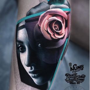 Tattoo by Chris Rigoni #ChrisRigoni #realism #realistic #hyperrealism #black gray #color #abstract #shapes #mashup #portrait # lady #ladyhead #dotwork #rose #flower #flowers #beautiful
