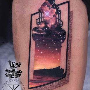 Tattoo by Chris Rigoni #ChrisRigoni #realism #realistic #hyperrealism #black gray #color #abstract #shapes #mashup #silhouette #lightouse #galaxy #solar system #stars #scape #ocean #beach #architecture