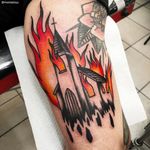 Nothin' more metal than a burning church. Tattoo by Morstattoo #morstattoo #metaltattoos #color #blackandgrey #church #burningchurch #fire #death #antireligion #metal #rockandroll