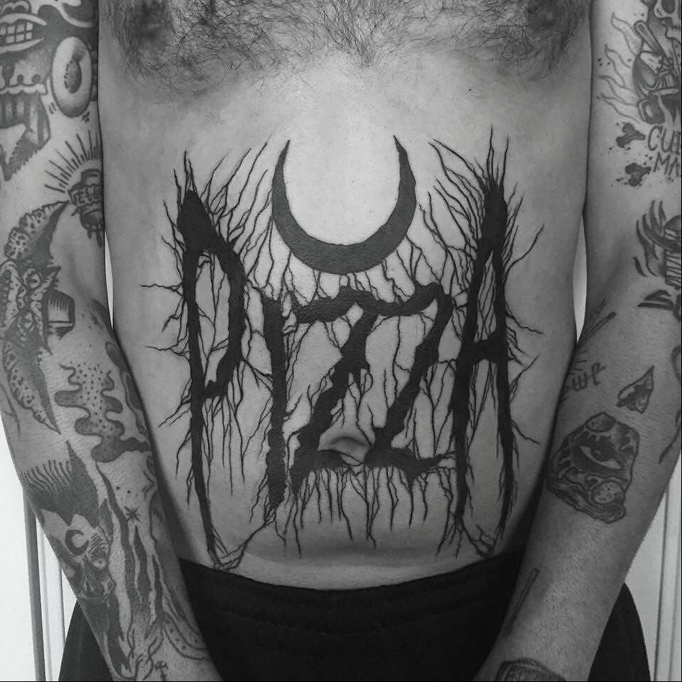Tattoo uploaded by Tattoodo • PIZZA METAL tattoo by Matt Chaos #MattChaos  #metaltattoos #lettering #blackwork #pizza #moon #blackmetal #darkart  #stomachtattoo # • Tattoodo
