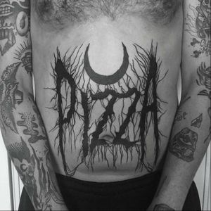 PIZZA METAL tattoo by Matt Chaos #MattChaos #metaltattoos #lettering #blackwork #pizza #moon #blackmetal #darkart #stomachtattoo #