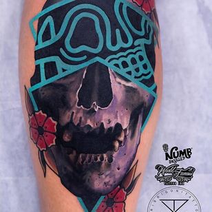Tattoo by Chris Rigoni #ChrisRigoni #realism #realistic #hyperrealism #black gray #color #abstract #shapes #mashup # skull # dead #traditional #flowers #hoves #naturaleza #popart