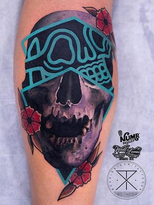 Tattoo by Chris Rigoni #ChrisRigoni #realism #realistic #hyperrealism #blackandgrey #color #abstract #shapes #mashup #skull #death #traditional #flowers #leaves #nature #popart