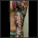 Full sleeve #karlstevens #whiteflame #ink #art #skin #blackandgreyshade #portrait #roses #clock 
