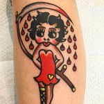 Reaper Betty tattoo by Homelessbones #Homelessbones #BettyBooptattoos #BettyBoop #color #traditional #cartoon #oldschool #reaper #blood #scythe #heart #pinup #lady #girl #cute #death