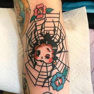Spider Betty by Ol Ash #OlAsh #BettyBooptattoos #BettyBoop #color #traditional #cartoon #spider #spiderweb #flowers #leaves #nature #insect #mashup #wink