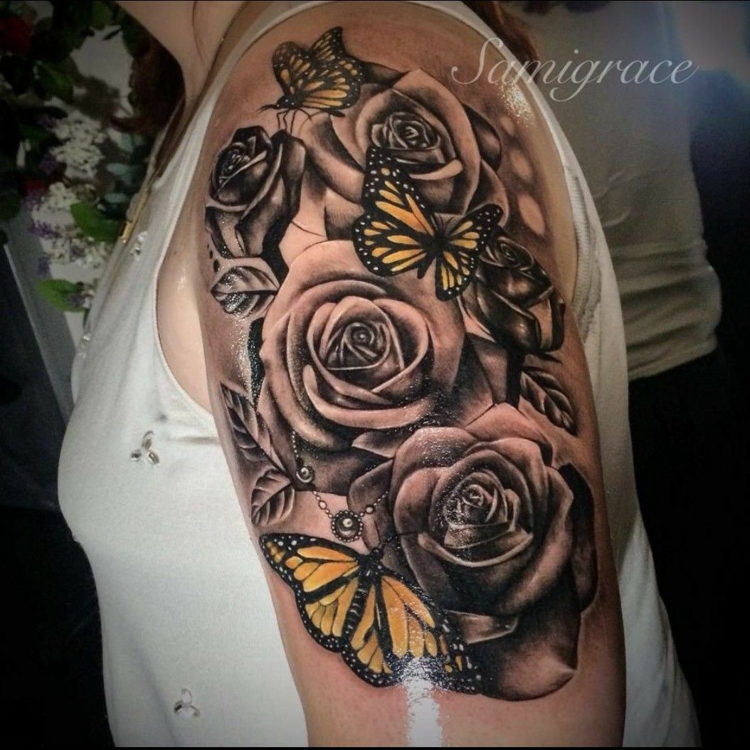 rose and butterfly tattoo  Google Search  Rose and butterfly tattoo Rose  tattoos Thigh tattoos women