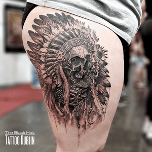 You can get a tattoo or you can get a TATTOO. Well done to @isiberry that hold the pain very well! She has well deserved this masterpiece from @blackhatsergy ❤️🤞✌️❤️ . #skulltattoo #indianskulltattoo #tattoo #besttattoos #neotraditionaltattoo #neotradeu #neotrad #tighttattoo #besttattooartist #tattoodublin #bestofdublin