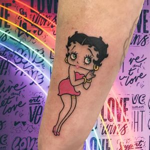 Pink Lady tattoo by Daniela Dag #DanielaDag #BettyBooptattoos #BettyBoop #color #oldschool #cartoon #vintage #pinup #garter #dress #pink #cute #jewelry #gold #lady