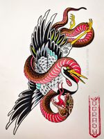 Japanese Crane and snake,  Available to be tattooed Could be a one shot or large scale.  📧: ogradytattoo@hush.com