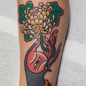 Endless love and kindness. Tattoo by Boshka Grygoriew Alvy #boshkagrygoriewalvy #Mudratattoos #color #mudra #Buddhist #buddha #symbols #hand #chrysanthemum #flower #floral #eye #thirdeye #allseeingeye