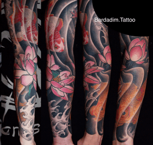 Japanese sleeve. Japanese tattoo. #japanese #japanesetattoo #sleeve #color #lotus #goldfish #irezumi #tattooart #fullsleeve #traditional 