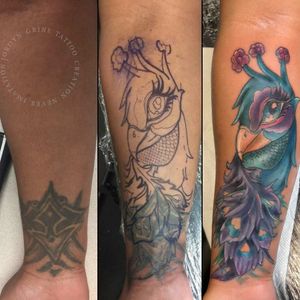 Before and after shots of last night fun newschool cover up #newschooltattoo #newschool #coverup #coveruptattoo #colortattoo #peacocktattoo 