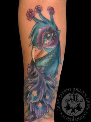 Newschool peacock tattoo. Its actually a cover-up. Im posting side by side nexts so check out my portfolio collection if you wanna see whats underneath. #newschooltattoo #newschool #coverup #coveruptattoo #colortattoo #peacocktattoo 