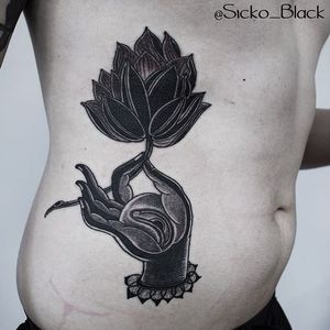 The Flower of Rebirth. Tattoo by Sicko Black #SickoBlack #Mudratattoos #blackandgrey #mudra #Buddhist #buddha #symbols #hand #peony #flower #floral #eye #thirdeye #allseeingeye #wristband #pattern