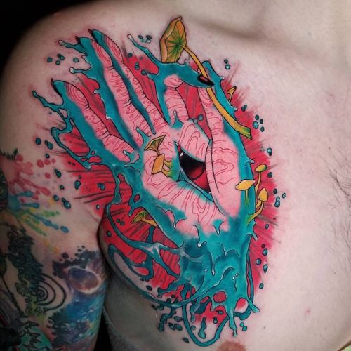 Embrace transience. Tattoo by Dillon Leask #DillonLeask #mudratattoos #color #mudra #Buddhist #buddha #symbols #hand #mushroom #nature #decomposing #eye #thirdeye #allseeingeye #newschool
