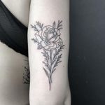 Illustrative flower tattoo by Brian Steffey #BrianSteffey #FleurNoire #Brooklyntattoo #linework #fineline #abstract #illustrative #flower #rose #floral #leaves #nature #dotwork