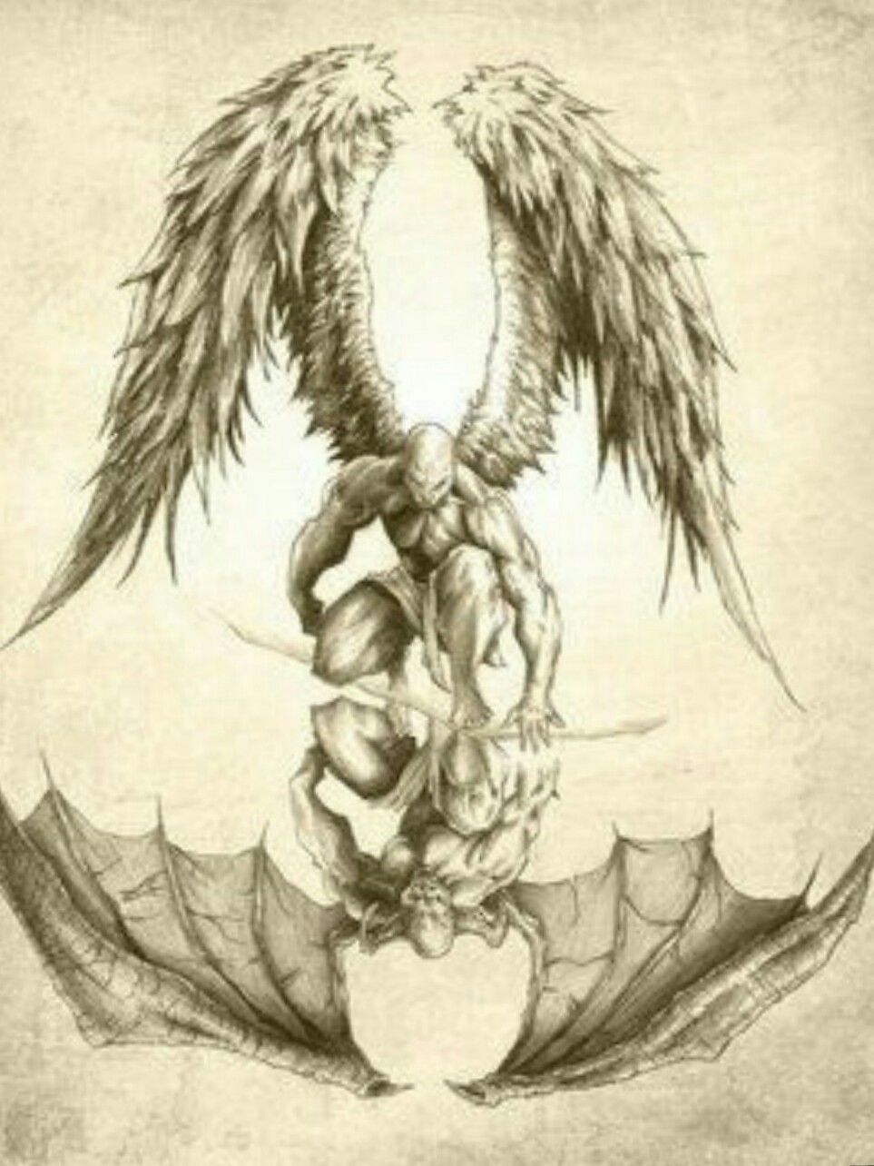 black and grey realistic angel and demon tattoo