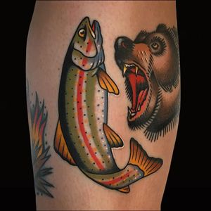 Jumpin trout. Tattoo by Alex Zampirri #Alexzampirri #fishtattoos #color #traditional #trout #fish #river #bear #nature #animal