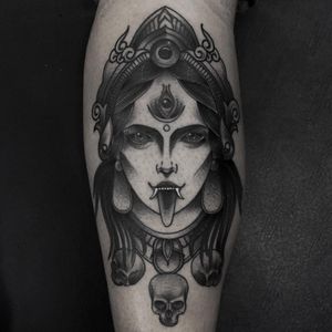Kali by Andres Bello #AndresBello #abctattoo #FleurNoire #Brooklyntattoo #blackandgrey #portrait #GoddessKali #Kali #hindu #deity #goddess #lady #ladyhead #skulls #crown #thirdeye #fangs #jewels #death