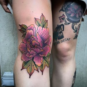 Pink Peony tattoo by Simon Velez #simonvelez #FleurNoire #Brooklyntattoo #color #Japanese #flower #floral #leaves #nature #peony
