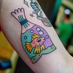 My new lil friend...tattoo by Michelle Wanhala #MichelleWanhala #fishtattoos #color #newschool #fish #goldfish #cute #bubbles