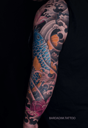 Koi Japanese sleeve. Japanese tattoo. #japanese #japanesetattoo #sleeve #koi #lotus #ink #tattoo #fullsleeve #color #irezumi #tattooart 