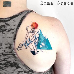 Moving mountains. Tattoo by Emma Grace #EmmaGrace #FleurNoire #Brooklyntattoo #mountains #landscape #body #linework #sun #nature #portrait #abstract #cubist #graphic #watercolor #color