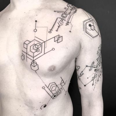 Sacred geometric ornamental tattoo by Jack Poohvis #JackPoohvis #FleurNoire #Brooklyntattoo #linework #dotwork #tribal #ornamental #sacredgeometry #shapes #arrows #triangle #cube #lines #geometric #hexagon #diamond