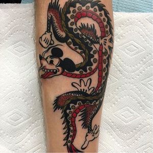 Mickey Dragon tattoo by Ryan Cooper Thompson #RyanCooperThompson #mashuptattoos #mashup #color #Japanese #traditional #cartoon #MickeyMouse #dragon