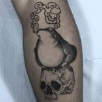 Etching meets Irezumi. Tattoo by Vanpira #Vanpira #vanpriegonova #mashuptattoos #mashup #blackwork #illustrative #Japanese #smoke #clouds #frog #amphibian #skull #death