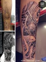 Full forearm tattoo cover up with koi fish, underwater themed tattoo, designed and tattooed by Tattoo Artist Syed Hamza Ali at INKSCOOL Tattoo Training Institute And Studio Pune India ™