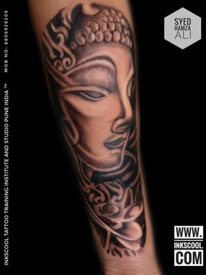 Full hand Buddha and lotus tattoo designed and tattooed by Tattoo Artist Syed Hamza Ali at INKSCOOL Tattoo Training Institute And Studio Pune India ™