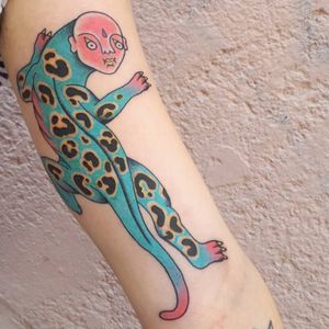 Super Leopard Human. Tattoo by Bouits #Bouits #Mashuptattoos #mashup #color #surreal #jaguar #junglecat #cat