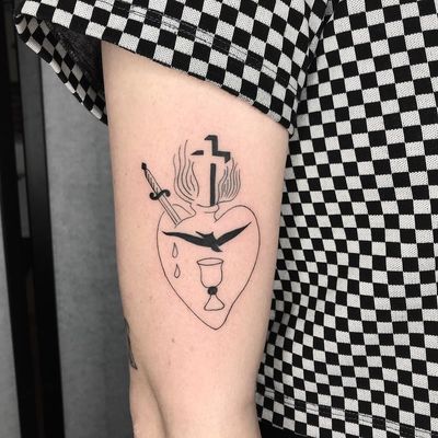 Minimal iconography tattoo by _____paradise________________ #paradise #sacredhearttattoo #minimal #small #linework #cross #fire #heart #dove #bird #knife #sword #chalice #cup #love