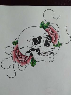#skull #traditional #roses #thorns #drawing #flowers #color #lines