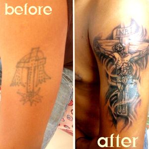 Lord Jesus tattoo coverup. Black and grey