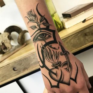 Tribal Sacred Loves. Tattoo by Sarah Schor #SarahSchor #sacredhearttattoo #blackandgrey #tribal #heart #sword #eye #rose #flower #floral #love #oldschool #illustrative