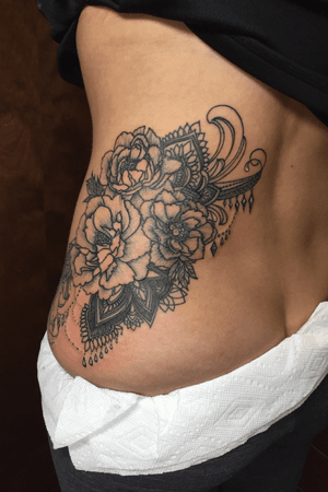 Peony fineline ornamental mandala gemstone hip tattoo