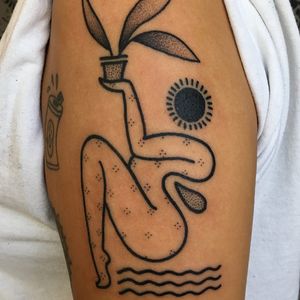 Nature goddess tattoo by Meg Tuey #MegTuey #linework #dotwork #blackwork #body #leaves #nature #waves #ocean #sun #plant #pottedplant #dots #pattern #abstract