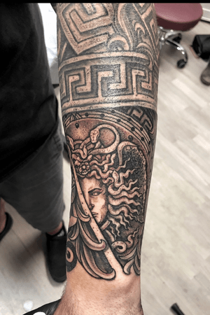 Ancient greek ornamental hephaestus medusa gorgon shield stippling blackwerk tattoo greekmythology