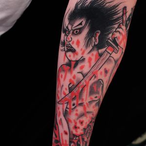 Bloody and brutal Seppuku. Tattoo by Joe Chatt #JoeChatt #besttattoos #color #blood #Seppuku #harakiri #Japanese #sword #death